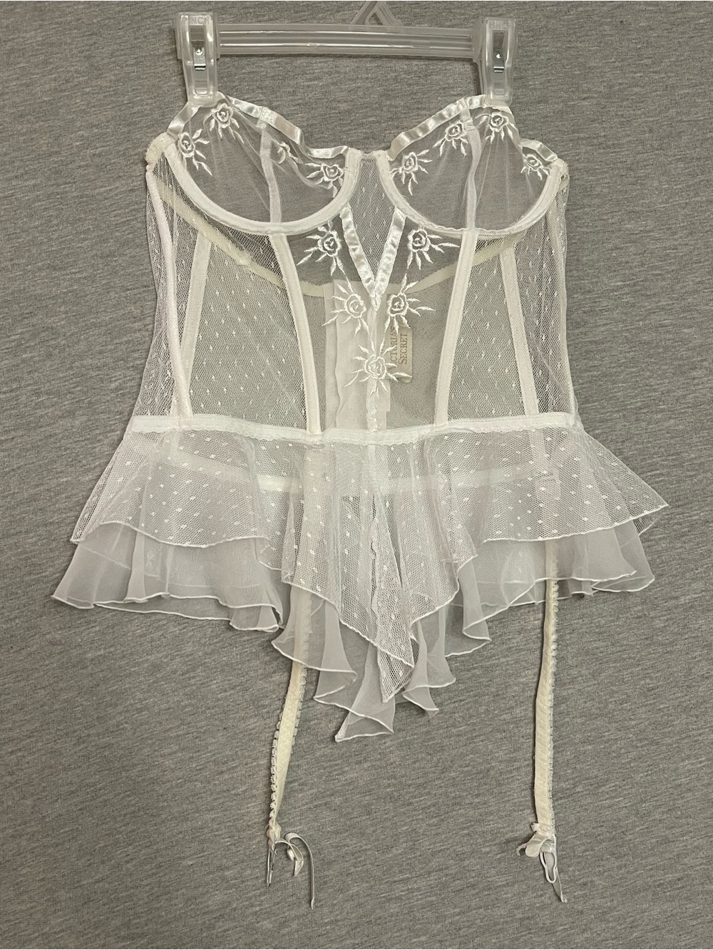 Vintage Victoria's Secret White Embroidered Mesh Corset Bustier Top with Garters